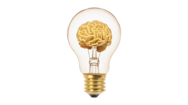 A light bulb with a brain inside of it, isolated on a transparent background - Powered by Adobe
