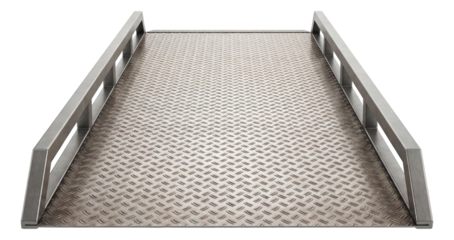 Wide loading ramp featuring a diamond plate surface and side guardrails.