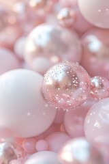 Bubbles in light rose colors float softly together. Their smooth surfaces reflect light and create a hazy look. This scene is set in a bright space filled with pastel hues and soft shapes