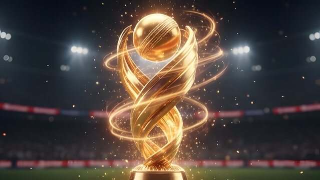 Golden FIFA World Cup Trophy Concept Glowing with Magical Light Streaks in a Dark Stadium
