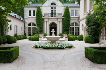 Obraz premium A residential entrance with a circular driveway surrounded by neatly trimmed hedges and flower beds. The main building features elegant architecture