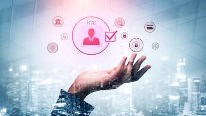 Digital KYC verification with biometric scan, ID authentication, and financial security icons representing identity verification, secure onboarding, fraud prevention, and compliance Vouch