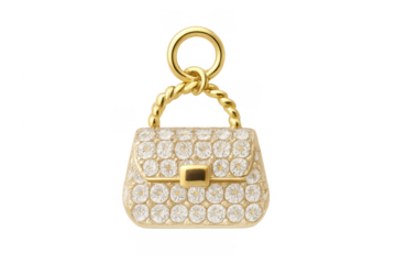 Golden handbag charm with glittering rhinestones on transparent background