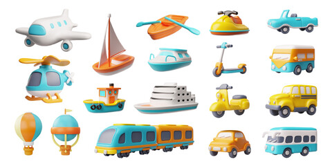Cartoon air, marine and auto transport 3D plastic style vector icons set, car, bus, helicopter, airplane, ship and boat © sabelskaya
