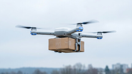 Drone delivering package in cloudy sky showcasing modern delivery technology innovation