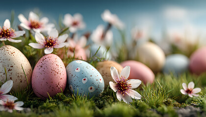 Joyous spring scene with lush green grass, easter symbolism, and copy space for celebrations.