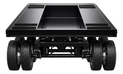 Black low-loader trailer with recessed well and dual axle configuration.