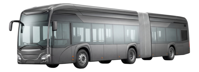 Articulated city bus with a silver accordion joint and urban design.