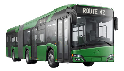 Green articulated bus featuring wide side doors and a clear destination sign.