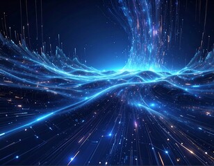 Obraz premium Digital landscape with radiant blue waves and flowing energy beams