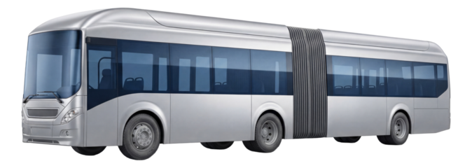 Streamlined articulated bus featuring a unique joint design for passenger transport.