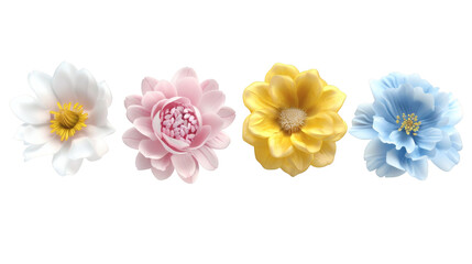 Obraz premium Set of white blue yellow and pink flowers 3D render icon isolated on white background