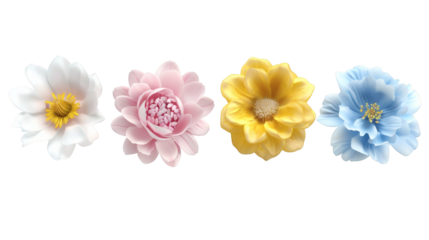 Set of white blue yellow and pink flowers 3D render icon isolated on white background