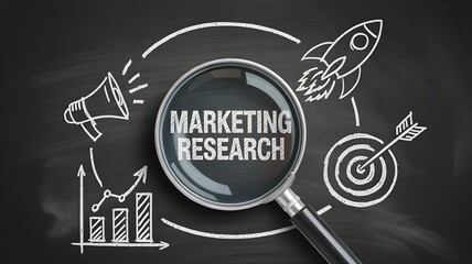 Marketing research concept with magnifying glass on chalkboard