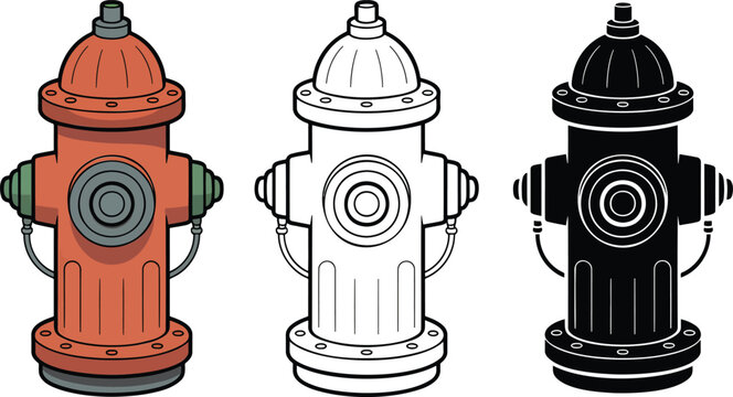 Fire hydrant silhouette & Outline and illustration set isolated on transparent background