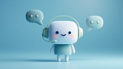 Cute 3D character with chat bubbles on a blue background, communication and messaging concept.