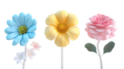 Set of white blue yellow and pink flowers 3D render icon isolated on white background