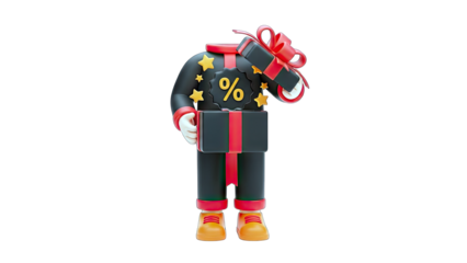 Gift-shaped character holding gifts and a percentage sign on white background