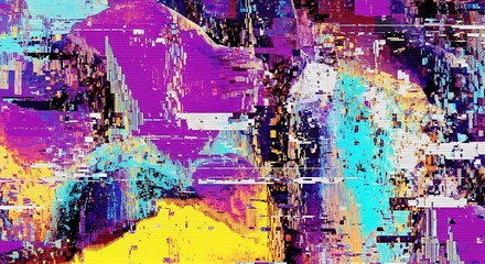 Abstract digital artwork featuring pixelated textures and vibrant color schemes with glitch effects