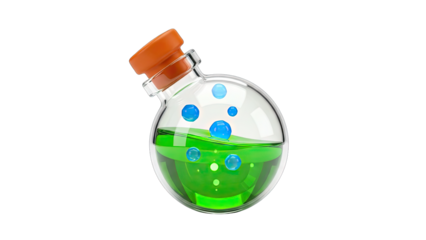 Potion Bottle with Green Liquid and Bubbles Isolated on White