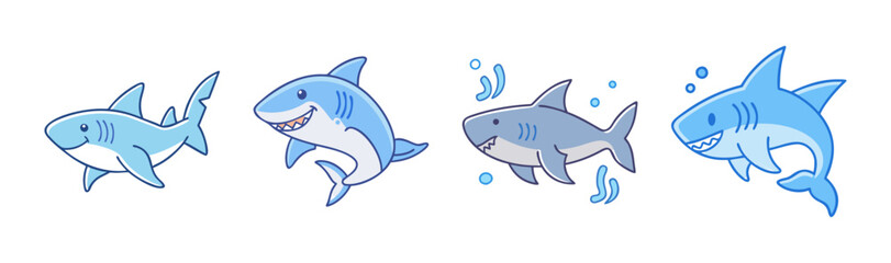 Fototapeta premium Cartoon Blue Sharks Swimming in Ocean Water with Bubbles