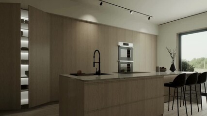 Modern kitchen interior with wooden accents and sleek appliances