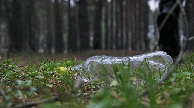 Male legs walk past a clear plastic bottle left lying on the green moss of a pine forest floor. The low-angle focus highlights environmental negligence and the persistence of non-biodegradable waste