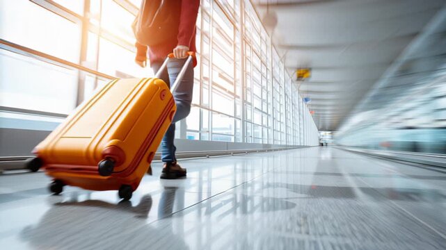 Traveler walking through airport terminal with vibrant orange suitcase