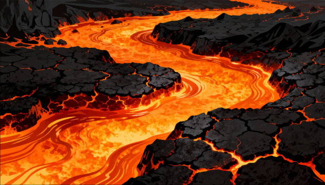 Lava and molten metal hot lava with flowing shapes, bright orange glow and black crust, the effect of power and creative destructiveness. For scenes of natural disasters, fantasy and game art. EPS_04.