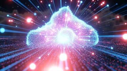 Vibrant futuristic digital particle explosion with glowing energy beams and cosmic light effects Ai HD high quality video. - Powered by Adobe