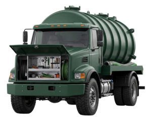 Septic tank cleaning vehicle with ribbed tank and front tool storage.