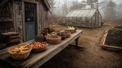 A wooden table is filled with various types of vegetables, including carrots, potatoes, and onions. The vegetables are arranged in baskets, and the table is located in front of a greenhouse