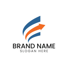 Letter E Business Growth Logo with Orange Rising Arrow and Corporate Blue Swooshes, Abstract Financial Trajectory Icon Featuring Forward Motion Arrow and Modern Graphic Elements