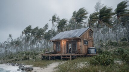 Obraz premium A small wooden house is on a beach with palm trees in the background. The house is surrounded by a wooden deck and has a small pool. The scene is set in a stormy weather, with rain falling