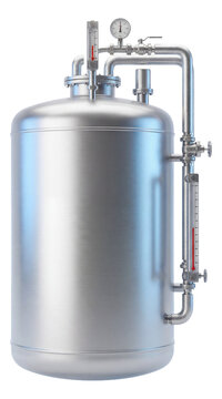 Cryogenic tank for liquid nitrogen with insulated piping and level gauges.