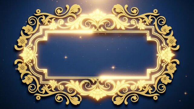 Glowing golden ornate frame with intricate floral and swirls on dark background for luxury branding and presentation Ai HD high quality video.