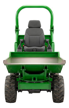 Compact green construction dumper featuring a front operator seat and small tipping bucket.
