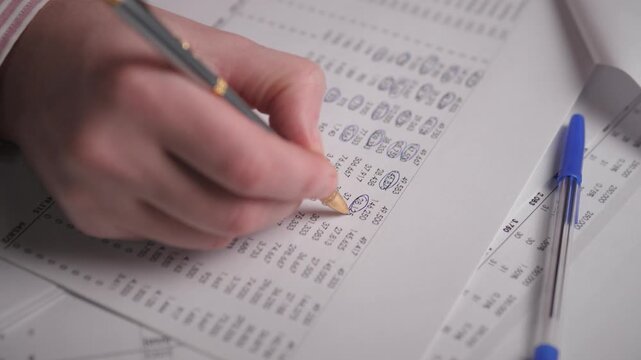 Caucasian Auditor Marking Printed Financial Statements With Pencil And Blue Pen On Desk, Closeup Of Hand Circling Figures, Calm Focused Office Atmosphere Showing Rows Of Numbers And Detailed
