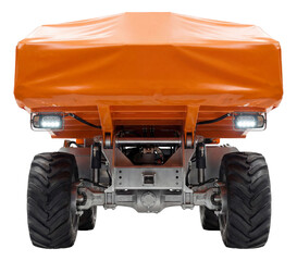 Industrial vehicle with orange cover and personalized designs.