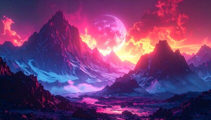 Dramatic mountain range scene illuminated by a celestial, colorful sphere