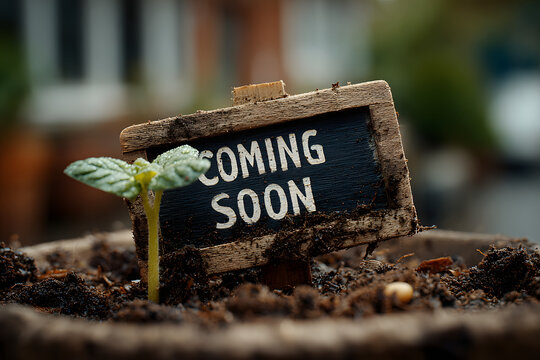 New Beginnings: A Young Plant with a Coming Soon Sign