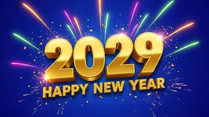 People celebrate New Year 2029 with colorful fireworks and gold decorations at night