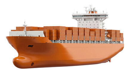 Container ship featuring a unique orange hull and elevated bridge deck.