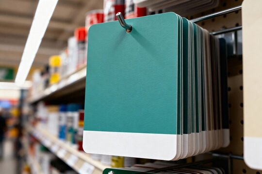 A teal color swatch with a white bar at the bottom (mockup) hangs on a display rack in a paint or hardware store, with other products blurred in the background.