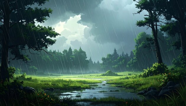 Digital painting of a rainy forest scene with lush green vegetation