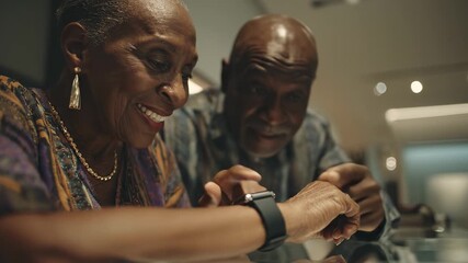 African American senior couple selecting smartwatch in store. Thoughtful woman examines device. Mature male looks away. Technology, aging, and lifestyle concept. Choosing, modern, connection. - Powered by Adobe