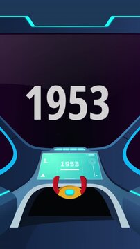 Time travel cockpit with futuristic animation jump to the year 1953 vertical. Ideal for content creators, tech presentations, future concepts, and cinematic video projects.