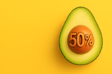 Half avocado with 50 percent on seed isolated on yellow background