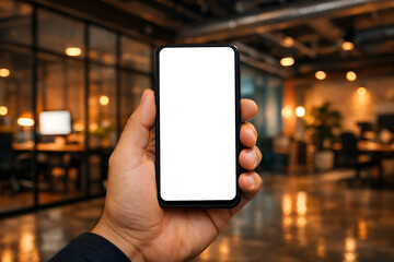 Professional person holding a mobile phone with a blank white screen for copy space while standing in a modern blurred office background during the daytime