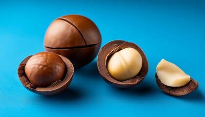 Macadamia Nuts With Cracked Nut And Shell On Blue Background